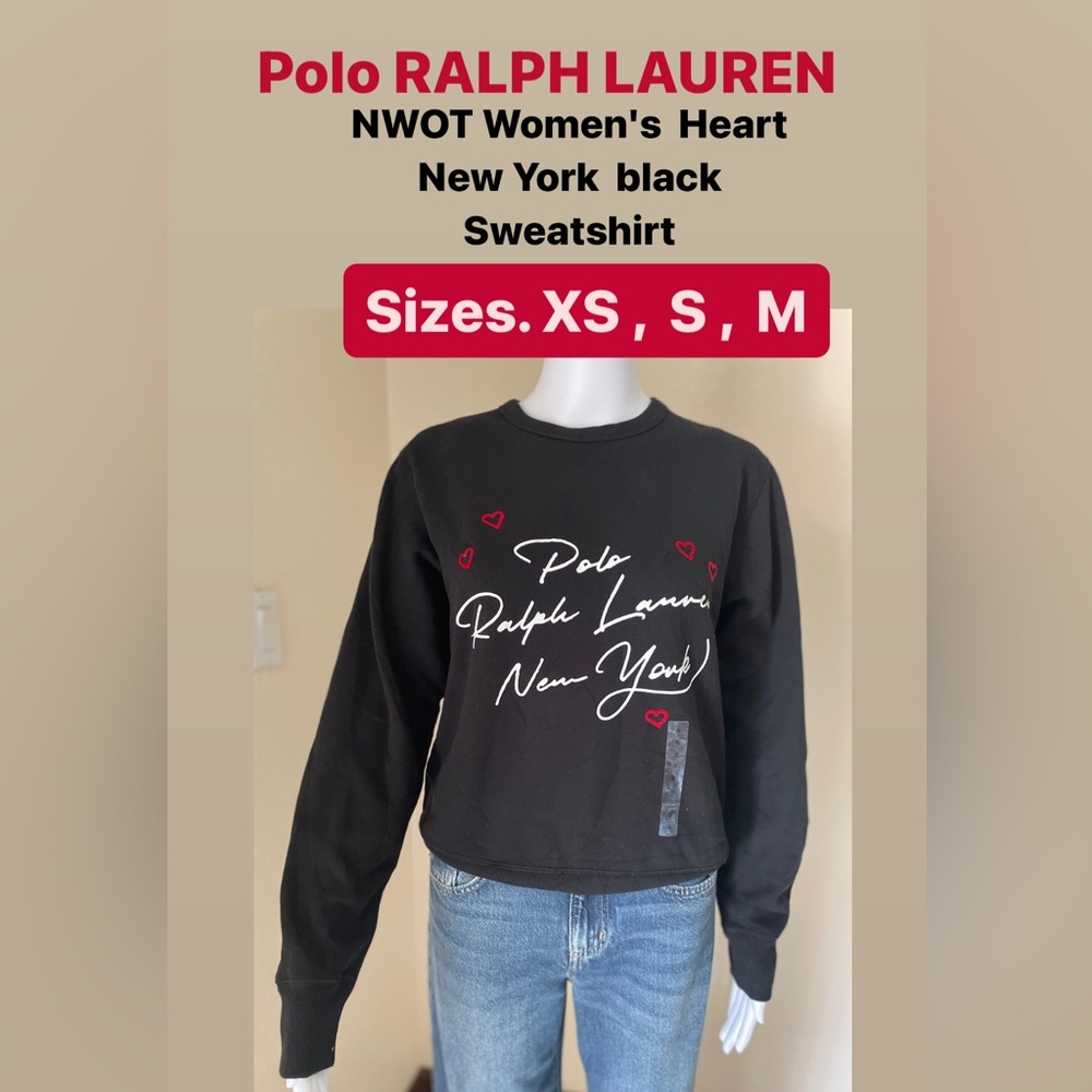 Polo RALPH LAUREN NWOT Women's  Heart New York  black Sweatshirt. Sizes XS, S, M